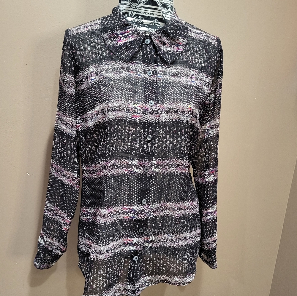 CAbi Sheer Black Paris Confetti Print Long Sleeve Blouse Top sz Small